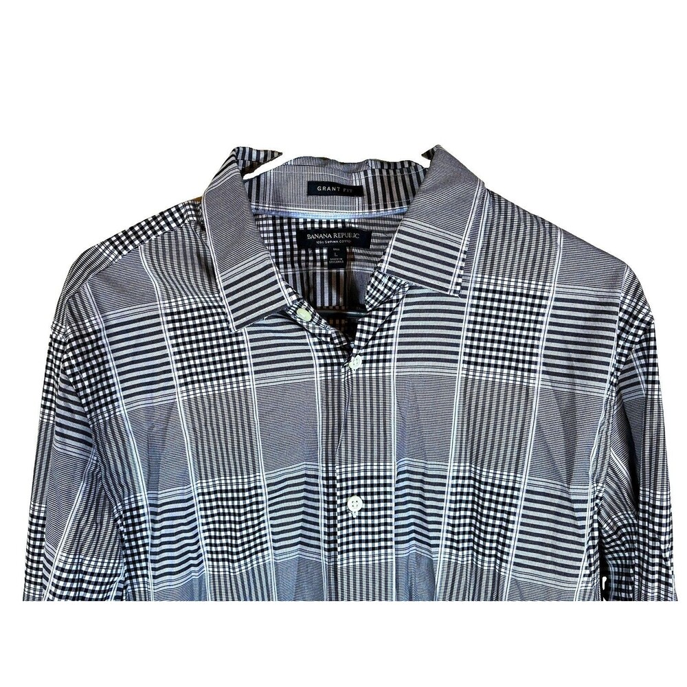 Banana Republic Grant Fit L Mens Long Sleeve Plaid Button Up Shirt Black Cotton